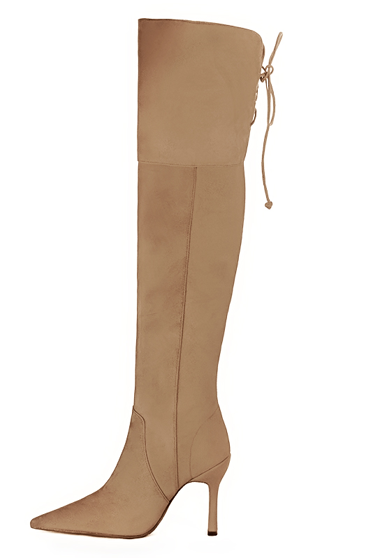 Tan beige women's leather thigh-high boots. Pointed toe. Very high spool heels. Made to measure. Profile view - Florence KOOIJMAN